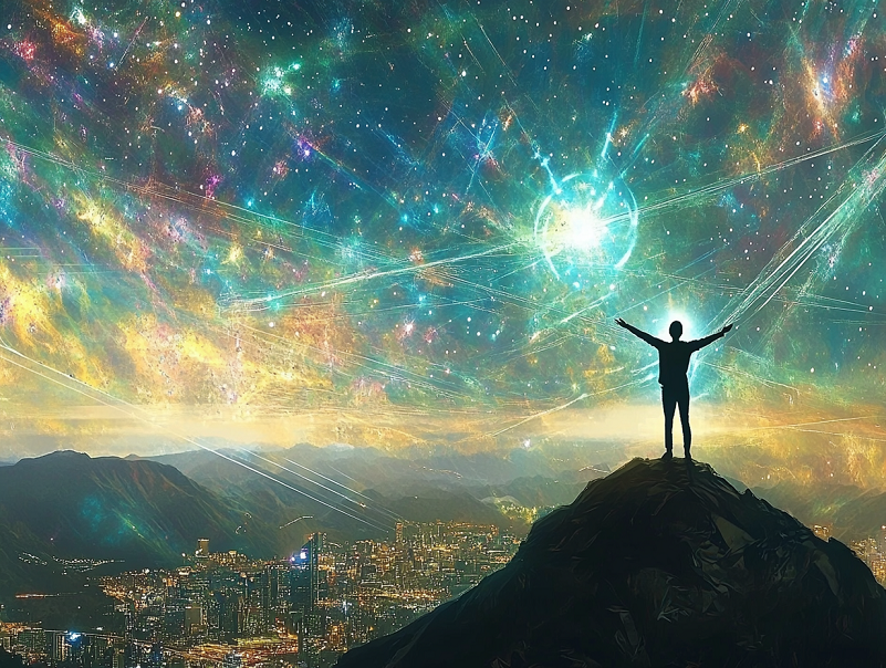 An inspirational landscape showing a person standing on a mountaintop, arms outstretched. The sky above is a cosmic scene with galaxies and stars. Beams of light connect the person to various points in the cosmos, symbolizing elevated consciousness and connection to higher wisdom. In the valley below, you can see a modern cityscape, representing the bridge between spiritual elevation and worldly leadership.