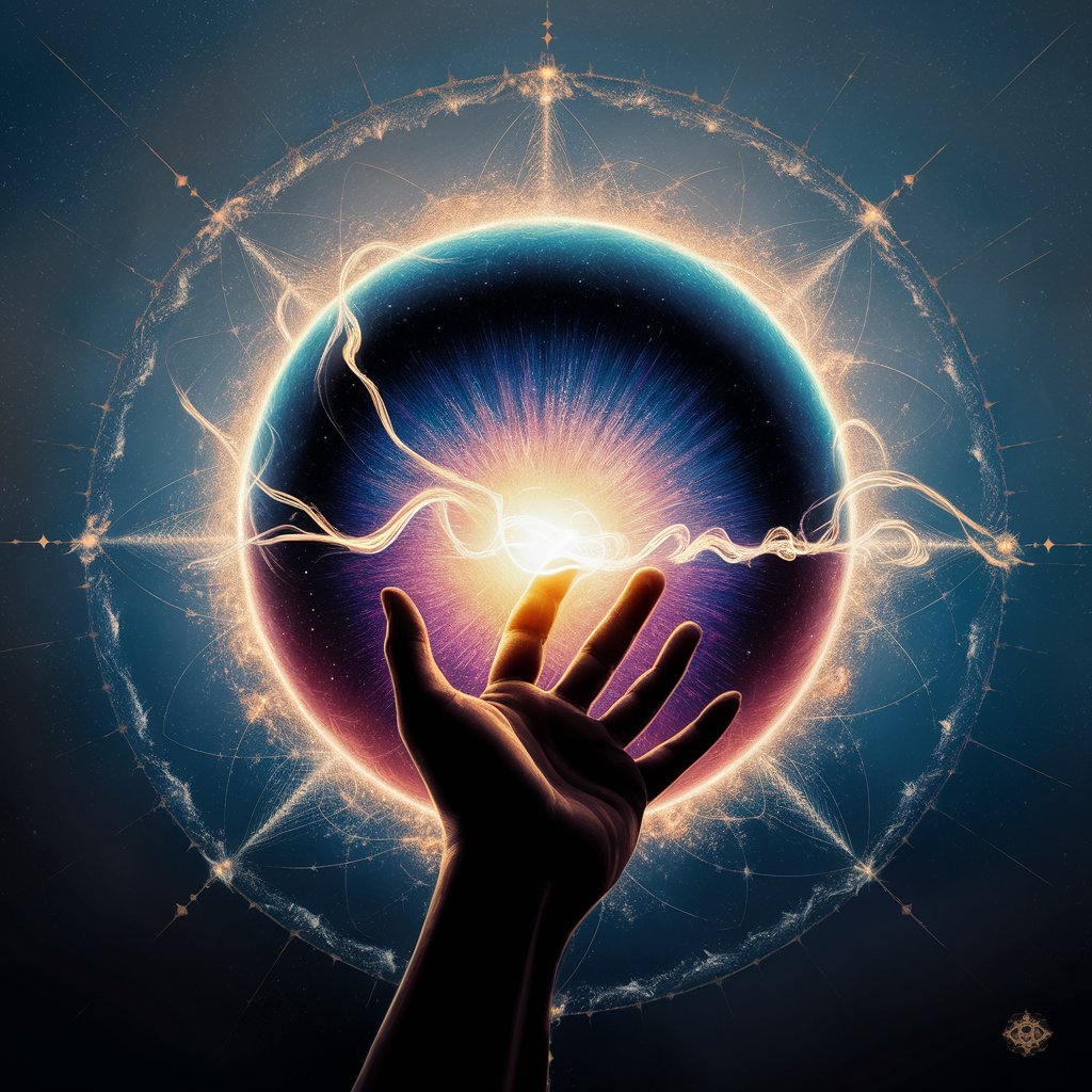 A captivating cosmic illustration featuring a hand reaching out towards a radiant orb representing untapped potential. The hand is in stark contrast, with its human touch, against the celestial background. The orb, a mesmerizing blend of deep blues, vibrant purples, and golden energy, symbolizes the boundless possibilities within. As the hand draws nearer, energy tendrils from the orb extend towards the fingertips, foreshadowing a connection about to be made. The background, adorned with a subtle starfield and sacred geometry patterns, conveys the vastness of potential and the harmonious blend of science and spirituality. The composition exudes anticipation, power, and transformation, inviting the viewer to embrace their inner cosmic potential.