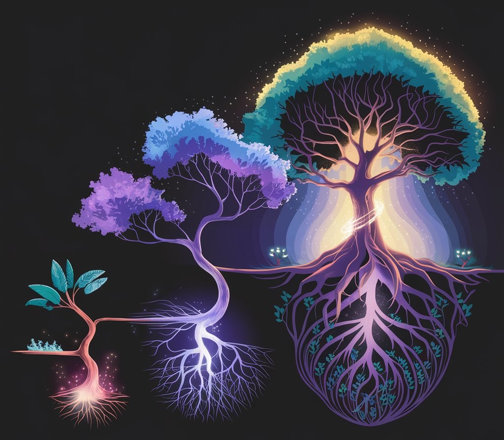 A stylized illustration of the "tree of life" showing three stages of growth, representing the different pricing tiers. The image is divided into three sections from left to right: Seed/Sapling (Cosmic Catalyst): A small, vibrant seedling emerging from the earth, with a soft glow around it. The roots are visible beneath the soil, suggesting potential. Young Tree (Galactic Evolution): A flourishing young tree with branches reaching upward and roots expanding outward. Leaves are a mix of deep blue and purple, with subtle energy patterns visible within them. Mature Tree (Universal Mastery): A majestic, full-grown tree with a broad canopy and extensive root system. The tree emanates a golden light, with spiraling energy patterns flowing through its trunk and branches. Small seedlings are visible around its base, suggesting the ability to nurture others. The background transitions from earthy tones at the bottom to a subtle cosmic sky at the top, with faint stars