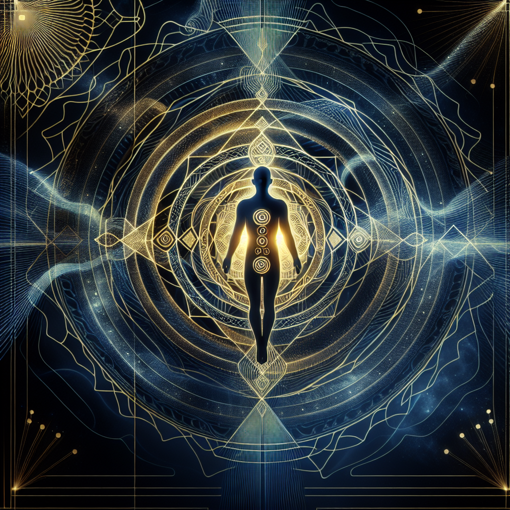 Stylized human figure radiating concentric energy waves that influence surrounding sacred geometry patterns, rendered in professional dark blues with gold highlights.