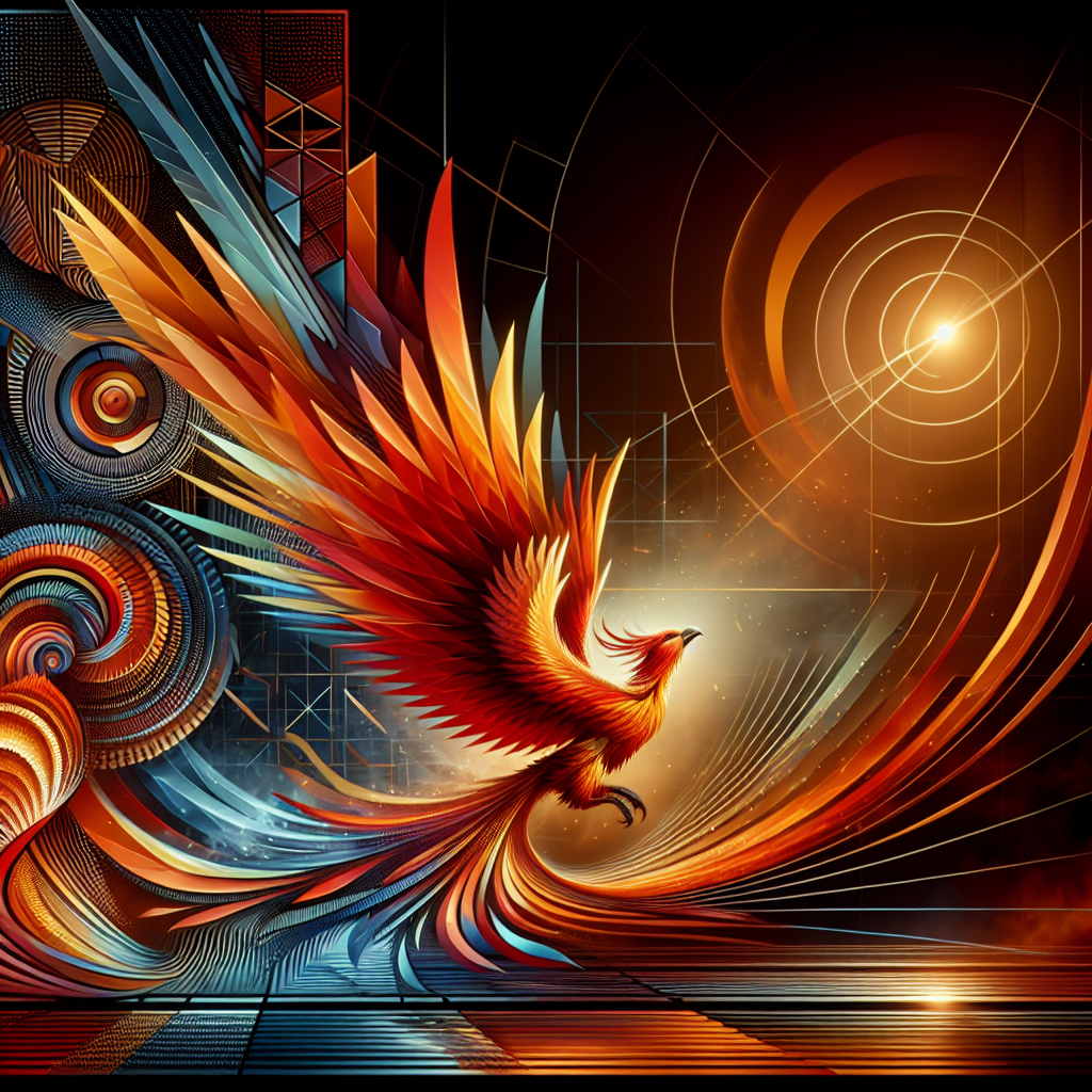 Abstract representation of a phoenix emerging from geometric patterns, suggesting rebirth and elevation while maintaining professional aesthetics.