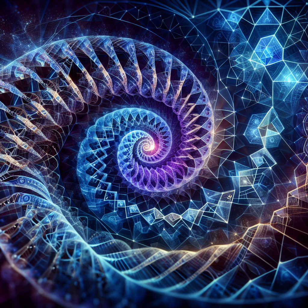 Abstract visualization of DNA helix transforming into sacred geometry, rendered in deep blues and purples with gold accents, suggesting both scientific precision and spiritual evolution.