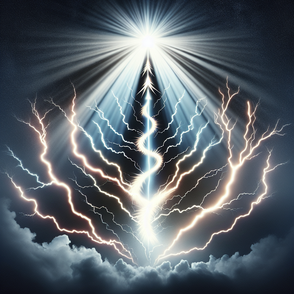 Lightning bolt transforming into an ascending spiral of light, suggesting rapid positive transformation.