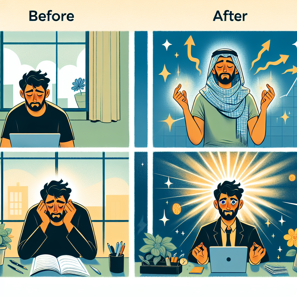 A series of before-and-after illustrations demonstrating the transformation in energy levels, productivity, and leadership presence.