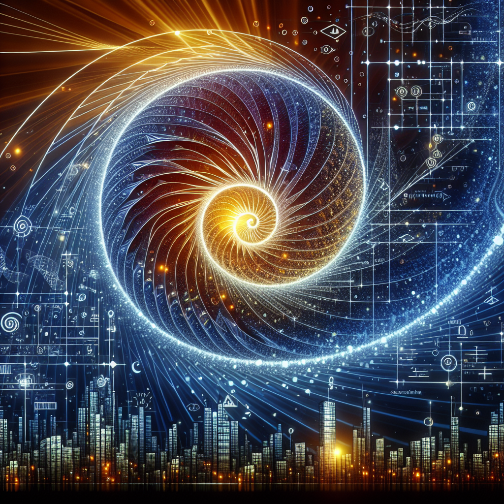 Fibonacci spiral composed of light particles and energy waves, transitioning from structured business imagery to quantum patterns.