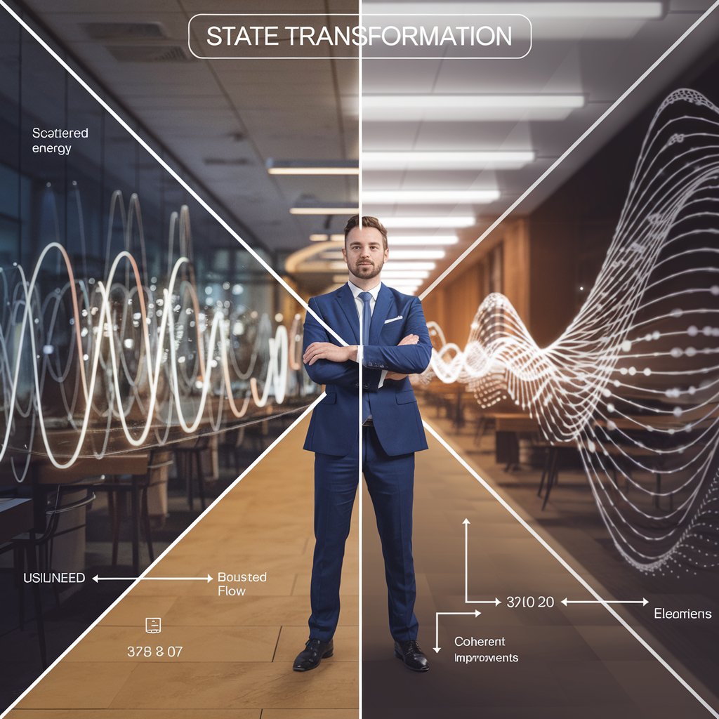 The left side depicts scattered energy represented by misaligned light patterns and disrupted flow, all set within a recognizable business environment suggested by subtle office elements. The right side shows these same energy patterns transformed into focused, coherent streams, with measurable improvements indicated by elegant data visualizations. A business professional figure stands confidently at the center, their posture and presence notably enhanced in the transformed state.