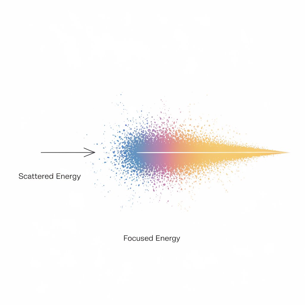 Energy States: A gradient diagram shows energy transformation from scattered to focused. Uses blues and purples with golden highlights. Simple arrow indicates direction of change.