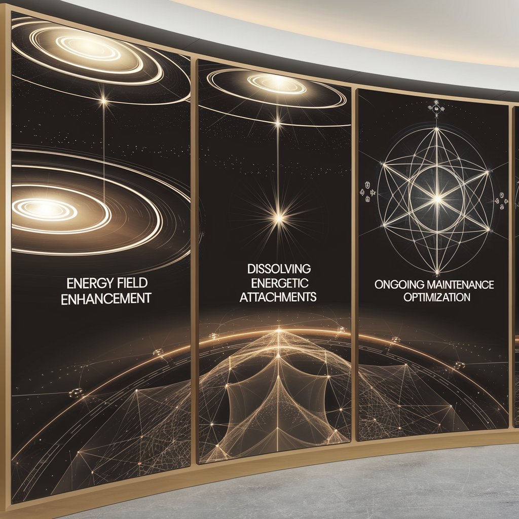 Advanced Features Interface
A sophisticated three-panel display rendered in a modern corporate style. The first panel shows expanding concentric rings of light illustrating energy field enhancement, with subtle measurements and metrics visible within the rings. The second panel depicts precise beams of light dissolving energetic attachments. The third panel reveals an intricate system of interlocking geometric forms made of light, representing ongoing maintenance and optimization. All elements incorporate subtle sacred geometry patterns while maintaining a clean, technical appearance.