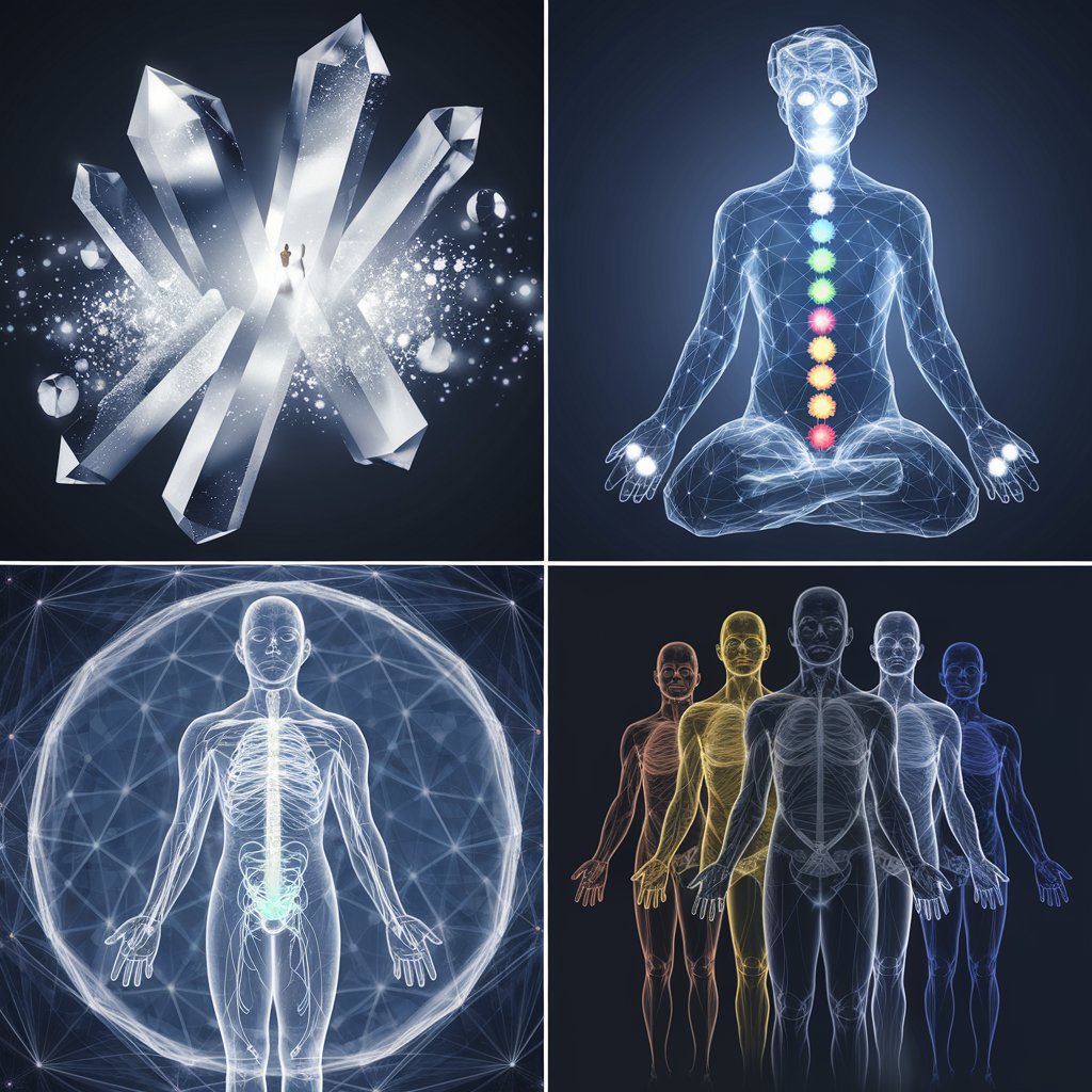 Core Components Visualization
A clean, professional composition divided into seamless quadrants, each flowing into the next. In the first section, crystalline barriers dissolve into pure light as a professional figure emerges through them, representing energetic wall clearing. The second quadrant reveals 60 precisely placed points of light arranged in human form, each pulsing with distinct colors and connected by streams of energy - the chakra system in its fullness. The third section shows molecular structures morphing into sacred geometry, overlaid on a luminous rendering of the human nervous system. The final quadrant depicts five translucent human forms layered with perfect precision, each in a different color representing the various energy bodies, connected by intricate threads of light. All elements are rendered in a clean, corporate style with subtle depth and dimensionality.