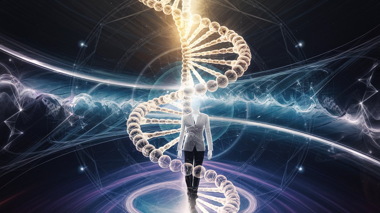 Header Image Design
A sophisticated visual showing a luminous DNA helix composed of light and sacred geometry spiraling upward through space. Rather than traditional DNA strands, streams of golden light flow through crystalline geometric patterns that pulse with subtle energy. In the foreground, a professional figure stands within this light, their form rendered partially transparent to reveal their inner radiance. The background suggests quantum field effects with deep blues and purples swirling in a professional, technical style. Sacred geometry patterns subtly emerge and recede within each layer. The overall effect is professional and scientific rather than mystical.