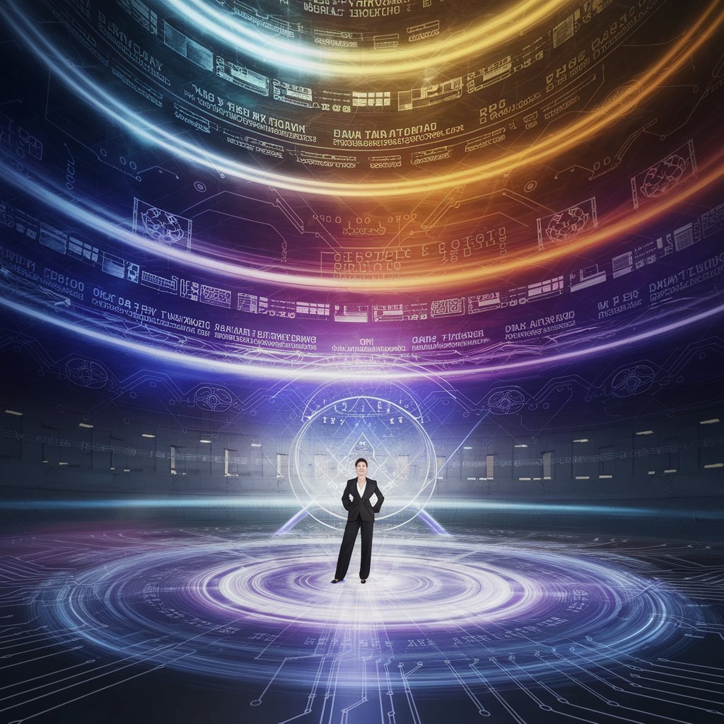 A commanding business professional stands at the center of concentric energy fields, each layer rendered in precise sacred geometry patterns. The innermost field glows with a deep blue intensity, transitioning through shades of royal purple to radiant gold at the outer edges. Each layer features distinct energy codes, appearing as luminous symbols that merge modern circuit board aesthetics with ancient sacred patterns. The professional setting is suggested through subtle architectural elements, creating context without overwhelming the energy visualization. The entire image conveys both power and precision, appealing to executives who appreciate sophisticated systems thinking.