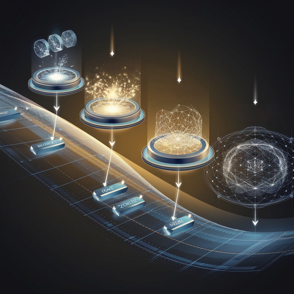 Implementation Process Timeline
A flowing timeline rendered in corporate blues and golds shows four key stages of transformation. Each stage features a crisp, three-dimensional holographic visualization floating above it. Scanning beams analyze an energy field in the first phase. The second shows blockages dissolving into pure light. Third depicts new patterns forming and stabilizing with geometric precision. The final phase reveals a fully optimized energy field with professional metrics indicating improvement. All elements maintain clean lines and technical accuracy.