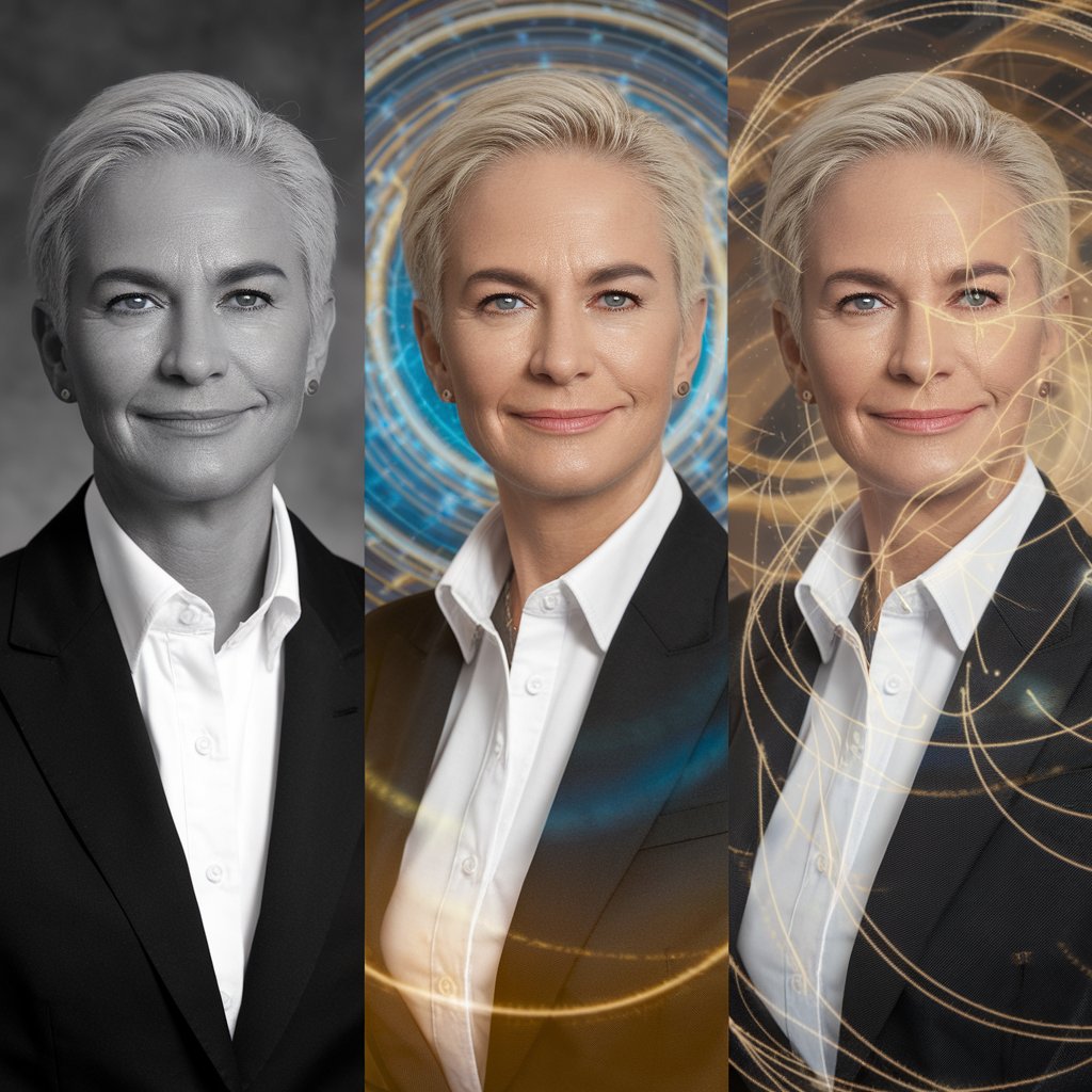 Results Gallery
Three professional portraits transition from left to right, showing the evolution of energy field optimization. The first presents a standard corporate headshot. The middle image reveals the subject's energy field becoming visible in subtle blues and golds. The final portrait shows full energetic integration while maintaining professional appearance. All three images are composed with corporate polish and technical sophistication.