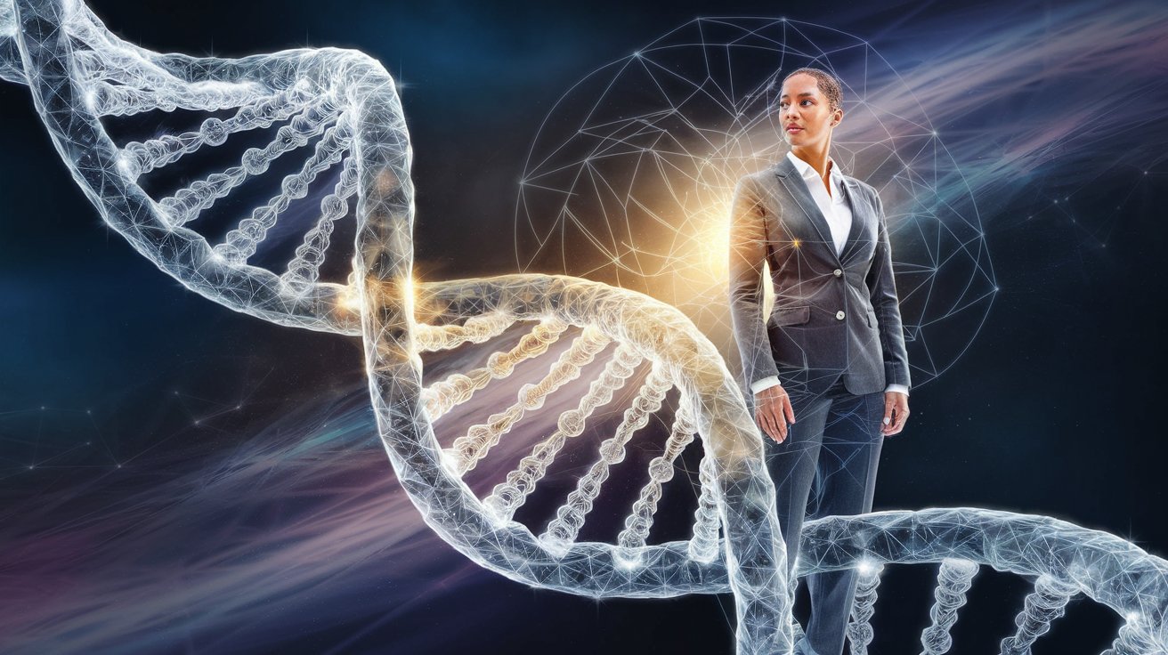 [Header Image: A luminous DNA helix structure composed of light and sacred geometry spirals upward. Instead of traditional DNA strands, golden light flows through crystalline geometric patterns. A professional figure stands within this light, their form partially transparent to reveal inner radiance. Background suggests quantum field effects in deep blues and purples.]