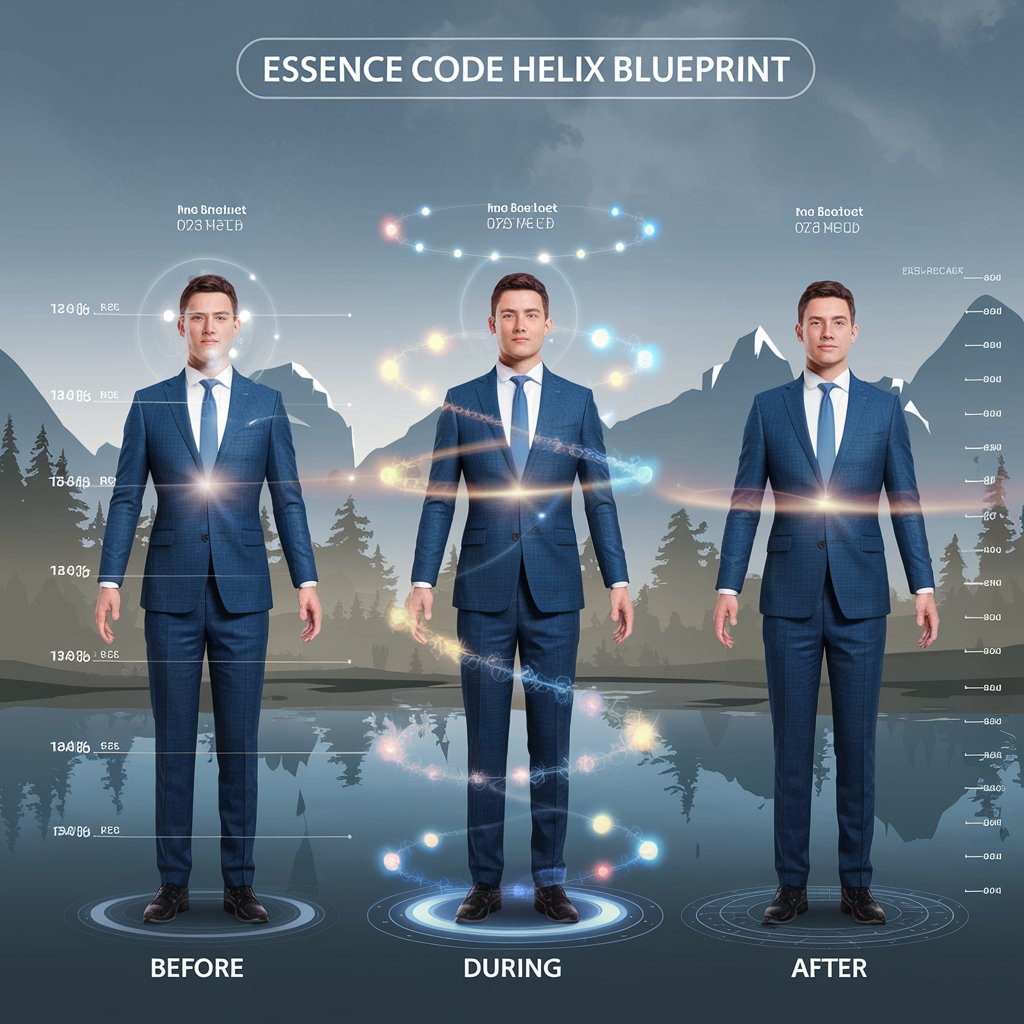 [Impact Visual: Professional figure shown in three states - before, during, and after essence code helix blueprint activation. Energy field expands and clarifies with each stage. Simple metrics indicate improvement.]