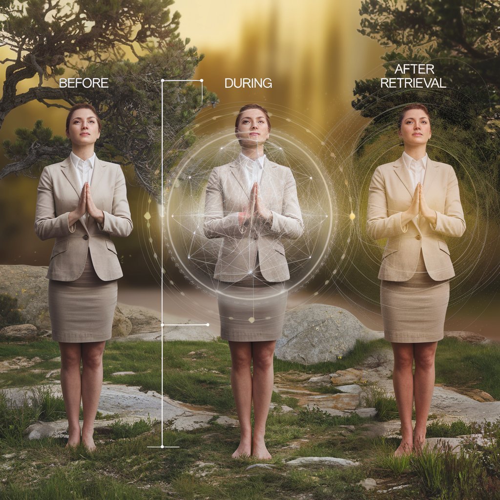 Impact Visual: Professional figure shown in three states - before, during, and after retrieval. Energy field expands and clarifies with each stage.