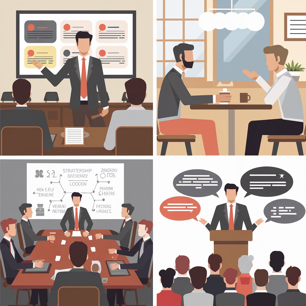 Applications Grid: Four simple scenes showing essence-restored leadership in action - board meetings, team leadership, strategic planning, stakeholder engagement.