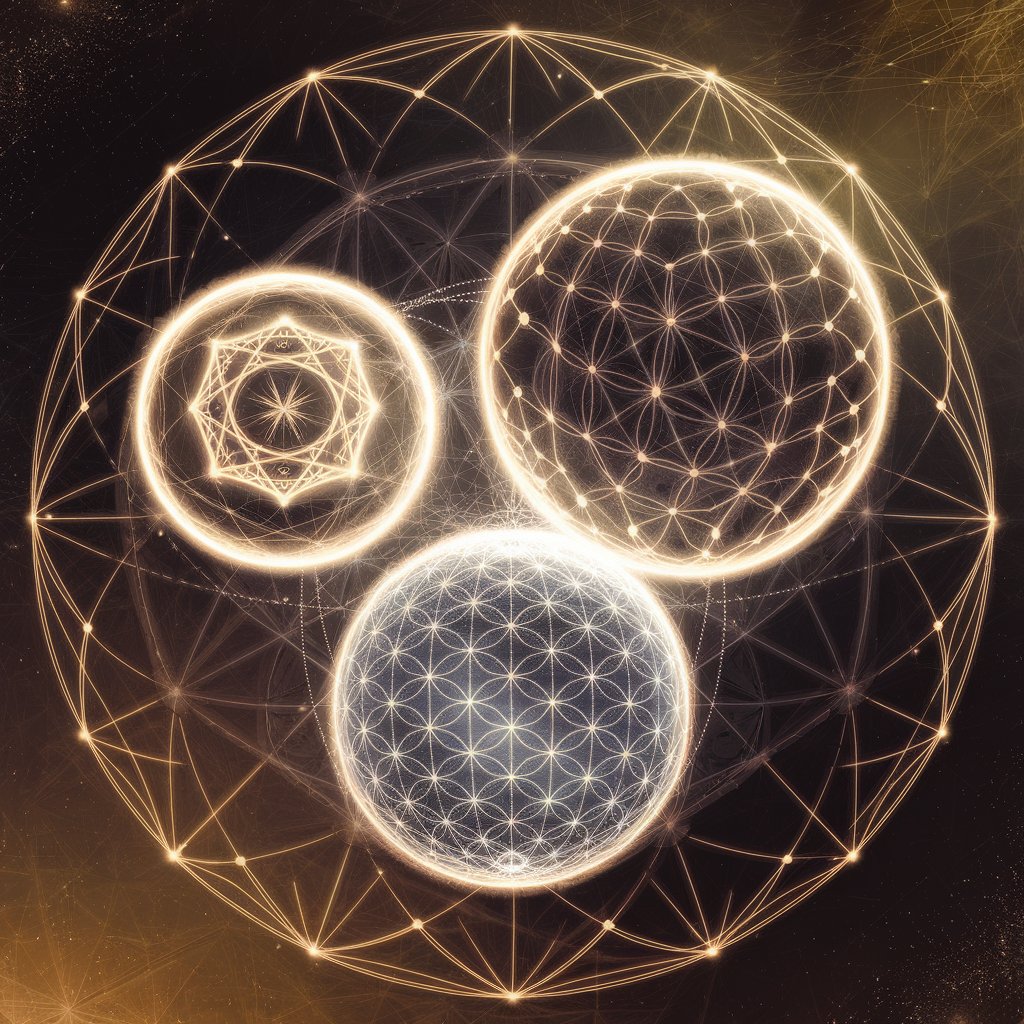 Essence Map: Three interconnected spheres of light show essence distribution across different planes of existence. Sacred geometry patterns pulse gently within each sphere. Golden threads connect all elements. Simple labels mark key points.