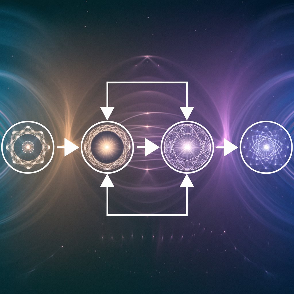 Process Flow: Four-stage transformation sequence rendered in flowing light patterns. Each stage shows increasing essence coherence. Background suggests quantum field effects.