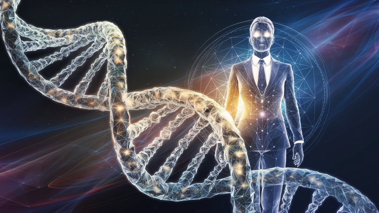 Header Image: A luminous DNA helix structure composed of light and sacred geometry spirals upward. Instead of traditional DNA strands, golden light flows through crystalline geometric patterns. A professional figure stands within this light, their form partially transparent to reveal inner radiance. Background suggests quantum field effects in deep blues and purples.