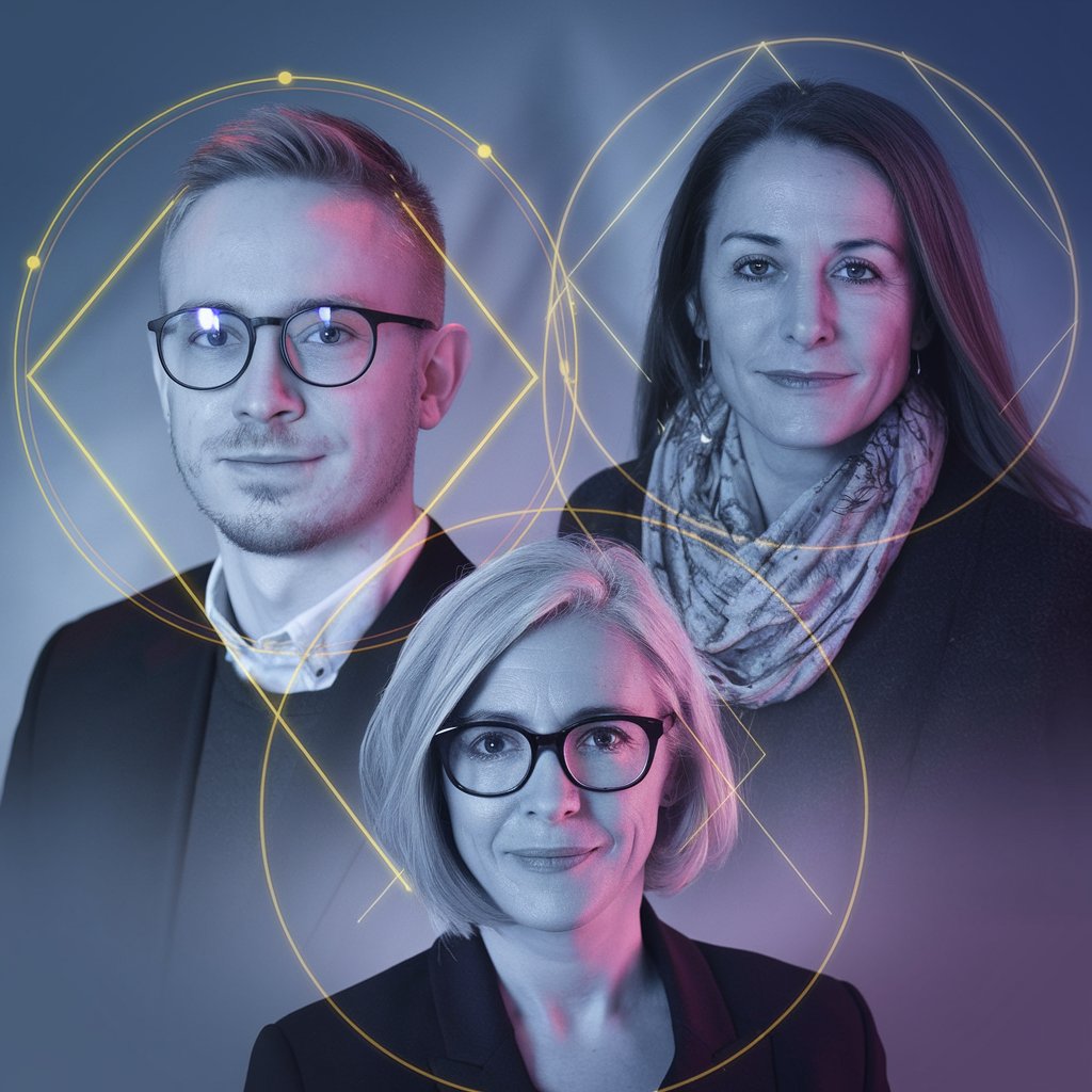 Case Study Visuals: Three professional portraits with geometric overlays showing energy field transformation. The style remains executive while suggesting deeper transformation.