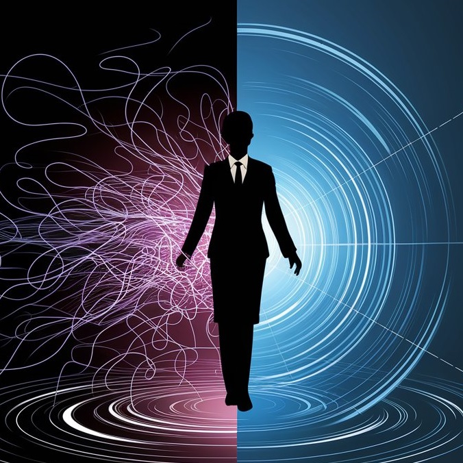 The results visualization presents a compelling before/after comparison of energy field transformation. A split screen approach shows professional figure silhouettes, each surrounded by distinctly different energy patterns.